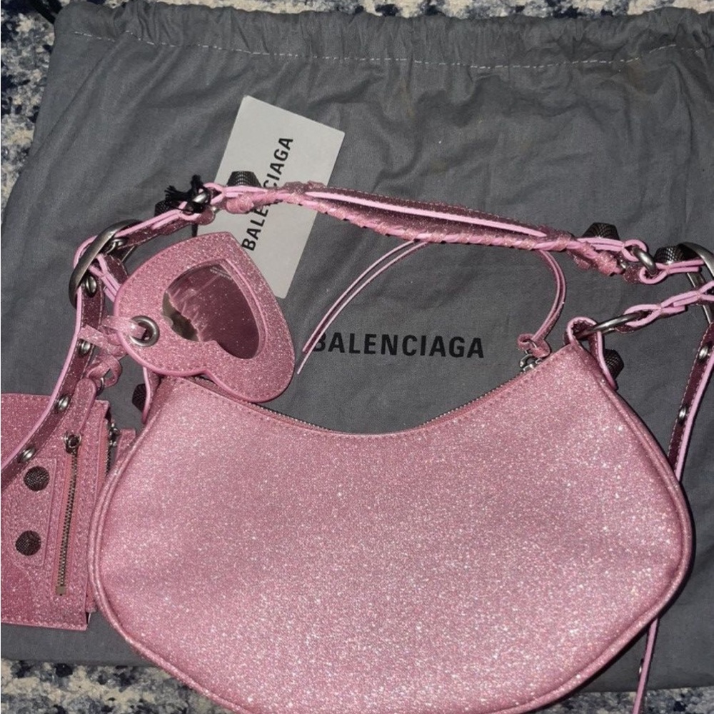 Balenciaga XS Le Cagole Pink Glitter Shoulder Bag
